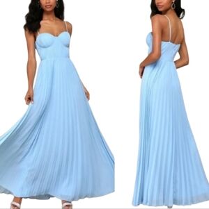 Lulu's Sky Blue Bustier Pleated Maxi Dress w/Spaghetti Straps